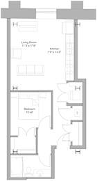 Floor Plan  A floor plan of a house with a living room, kitchen, and bedroom.