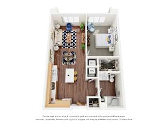 A 3D floor plan of a small apartment with a kitchen, living room, and bathroom.