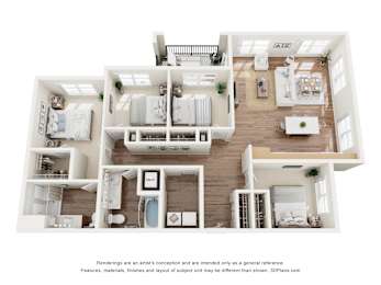 A 3D floor plan of a house with multiple rooms and furniture.