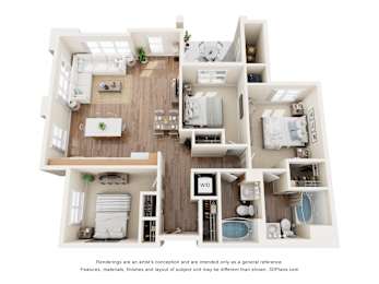 3D two bedroom apartment layout with open living space at Turquoise Trail Apartments, New Mexico, 87508