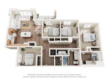 3D four bedroom floor plan with dual bathrooms at Turquoise Trail Apartments, Santa Fe, NM