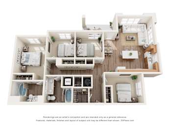 3D four bedroom layout with open kitchen and living room at Turquoise Trail Apartments, Santa Fe, New Mexico