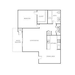 A floor plan of a house with a bedroom, living room, kitchen, dining area, and bathroom.