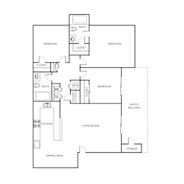 A floor plan of a house with a living room, two bedrooms, a kitchen, a dining area, and storage.