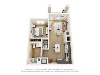 3D floor plan of one bedroom apartment layout at Vivir at Ballpark Village Apartments, Goodyear, 85338