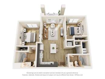 3D floor plan of two bedroom apartment layout at Vivir at Ballpark Village Apartments, Goodyear