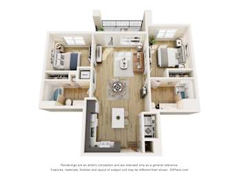 3D floor plan of three bedroom apartment layout at Vivir at Ballpark Village Apartments, Arizona, 85338