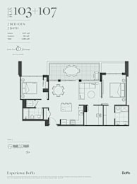A floor plan for a two bedroom, two bathroom apartment.