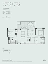 A floor plan for an apartment with 2 bedrooms and 2 bathrooms is displayed.