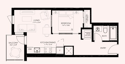 A floor plan of a small apartment with a living room, kitchen, bedroom, bathroom, and balcony.