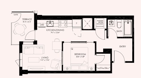 A black and white floor plan of a house with a kitchen, living room, and bathroom.