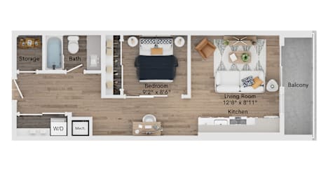 A floor plan of a living room, kitchen, and bedroom.