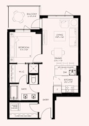 A black and white floor plan of a house with a balcony, bedroom, bathroom, kitchen, dining area, and living room.
