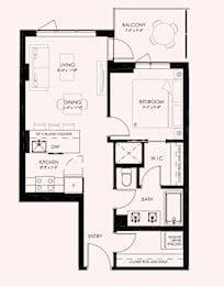 A floor plan of an apartment with a balcony, living room, dining room, kitchen, bathroom, and bedroom.