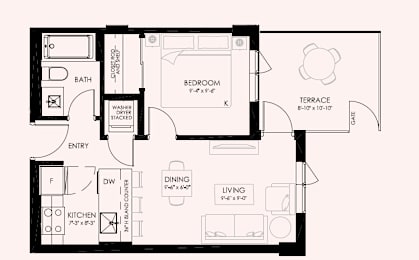 A floor plan of a house with a bedroom, living room, kitchen, and bathroom.