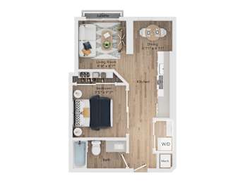A floor plan of a one bedroom apartment with a living room, dining room, kitchen, bathroom and bedroom.