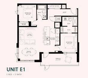 A black and white floor plan of a unit with two bedrooms and two bathrooms.