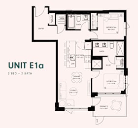 A black and white image of a floor plan for a unit with two bedrooms and two bathrooms.