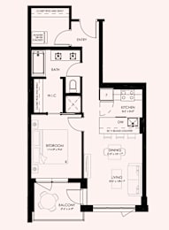 A floor plan of a house with a living room, dining room, kitchen, and bathroom.