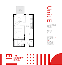 A black and white image of a floor plan for a junior one bedroom apartment.