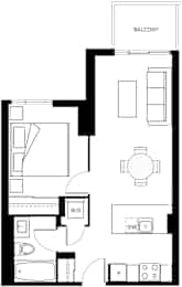 A floor plan of a house with a balcony, a bathroom, and a kitchen.