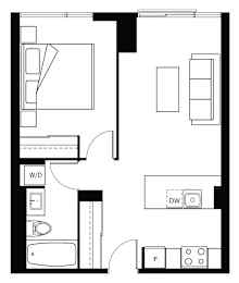 A floor plan of a house with a kitchen, living room, and bathroom.