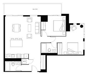 A black and white floor plan of a balcony with labeled rooms.