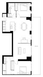 A floor plan of a house with a balcony.