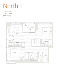 A floor plan of a North-I apartment with 2 bedrooms and 2 bathrooms.