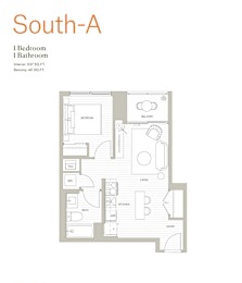 A floor plan of a one bedroom, one bathroom apartment.