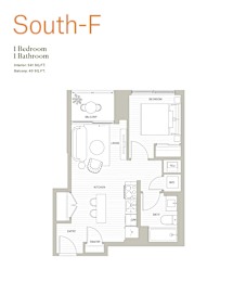 A floor plan of a South-F apartment with 1 bedroom and 1 bathroom.