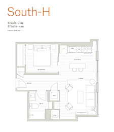 A floor plan of a South-H apartment with one bedroom and one bathroom.