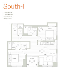 A floor plan of a South-I apartment with two bedrooms and two bathrooms.