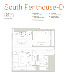 A floor plan of a South Penthouse-D with a kitchen, living room, and bathroom.