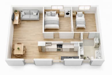 A top-down view of a modern, minimalist living space with a kitchen area.