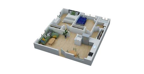 A 3D image of a house layout with a living room, kitchen, and two bedrooms.