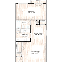 A floor plan of a house with a bedroom, bathroom, kitchen, dining room and living room.