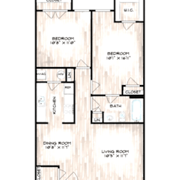 A floor plan of a house with two bedrooms, a living room, a dining room, a kitchen, a bathroom, and a closet.