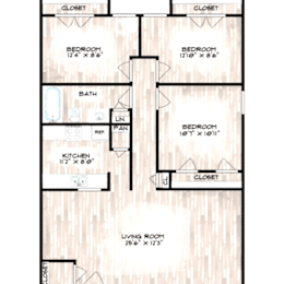 A floor plan of a house with two bedrooms, a bathroom, a kitchen, a living room, and closets.
