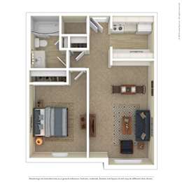 A floor plan of a small apartment with a bedroom, living room, and kitchen.