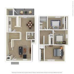 A floor plan of a two-bedroom apartment with a living room, kitchen, and bathroom.