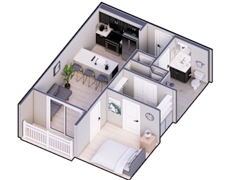 A 3D floor plan of a small apartment with a kitchen, living room, and bedroom.