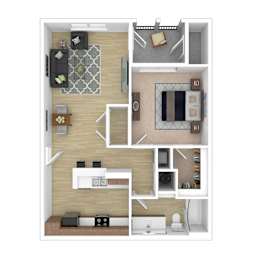 A top-down view of a small apartment layout with a kitchen, living room, and bathroom.