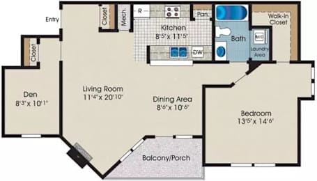 A floor plan of a house with a living room, dining area, kitchen, bath, and bedroom.