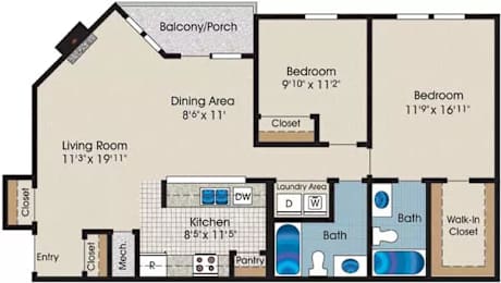 A floor plan of a house with a living room, two bedrooms, a dining area, a kitchen, a laundry area, and a walk-in closet.
