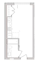 A floor plan of a house with a kitchen, bathroom, and bedrooms.