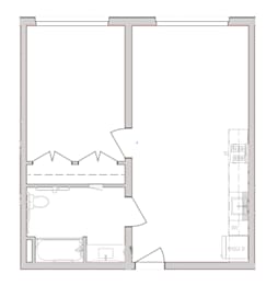 A floor plan of a room with a kitchen, bathroom, and bed.