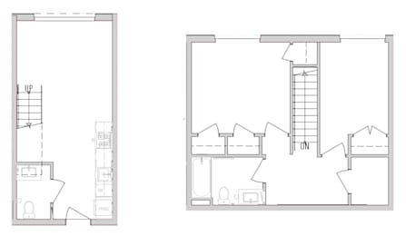 Two floor plans of a house with a staircase.
