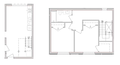Two floor plans for a house, one with a kitchen and one with a bathroom.