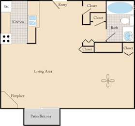 A floor plan of a house with a kitchen, living area, bathroom, and closets.